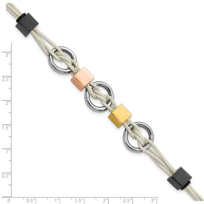 9 Inch Stainless Steel Multi Ip-Plated Beads & White Leather W/.75In Ext Bracelet