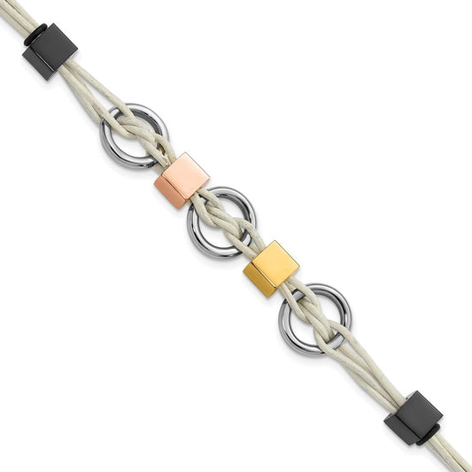 9 Inch Stainless Steel Multi Ip-Plated Beads & White Leather W/.75In Ext Bracelet