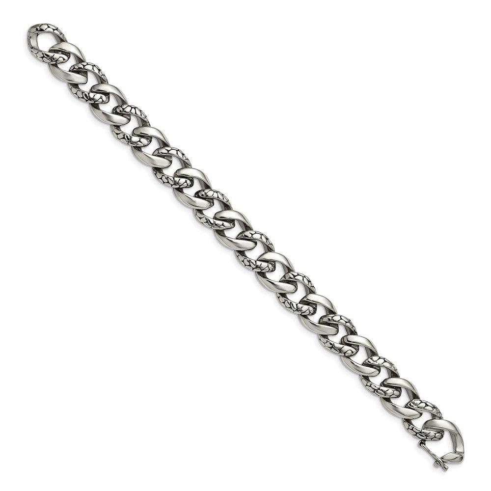 Stainless Steel Chisel Antiqued Polished And Reptile Scale Textured 8.5 Inch Link Bracelet