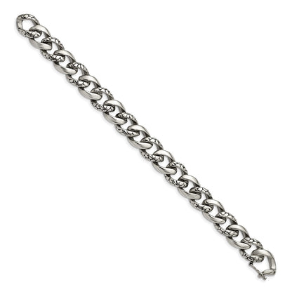 Stainless Steel Chisel Antiqued Polished And Reptile Scale Textured 8.5 Inch Link Bracelet