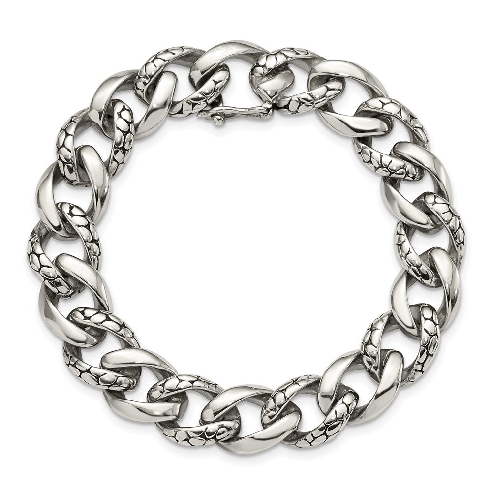 Stainless Steel Chisel Antiqued Polished And Reptile Scale Textured 8.5 Inch Link Bracelet