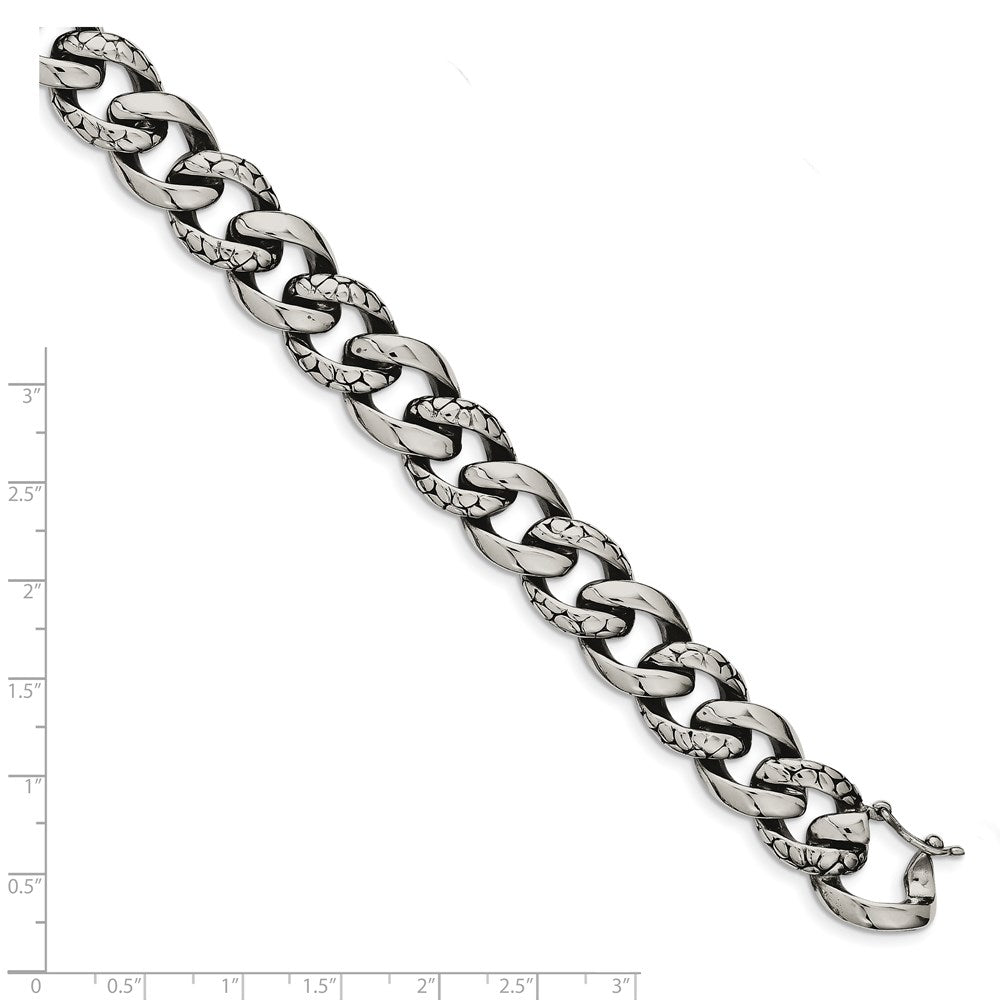Stainless Steel Chisel Antiqued Polished And Reptile Scale Textured 8.5 Inch Link Bracelet