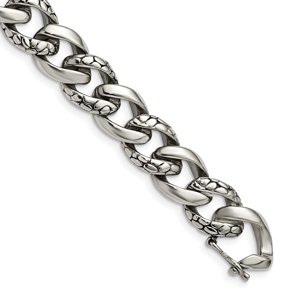 Stainless Steel Chisel Antiqued Polished And Reptile Scale Textured 8.5 Inch Link Bracelet