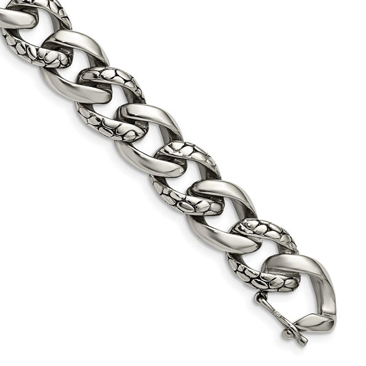 Stainless Steel Chisel Antiqued Polished And Reptile Scale Textured 8.5 Inch Link Bracelet