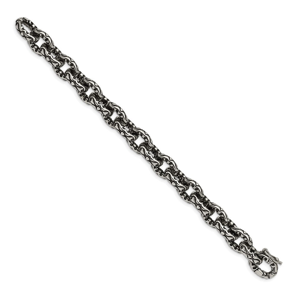 Stainless Steel Chisel Antiqued Polished And Textured 8.25 Inch Fancy Link Bracelet