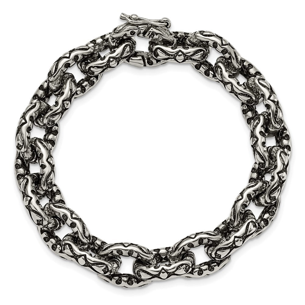 Stainless Steel Chisel Antiqued Polished And Textured 8.25 Inch Fancy Link Bracelet