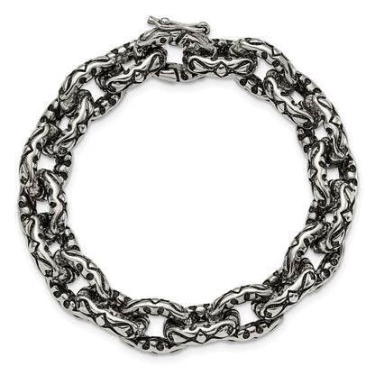 Stainless Steel Chisel Antiqued Polished And Textured 8.25 Inch Fancy Link Bracelet