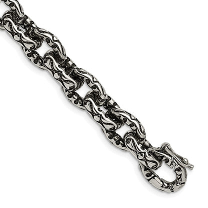 Stainless Steel Chisel Antiqued Polished And Textured 8.25 Inch Fancy Link Bracelet