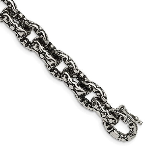 Stainless Steel Chisel Antiqued Polished And Textured 8.25 Inch Fancy Link Bracelet