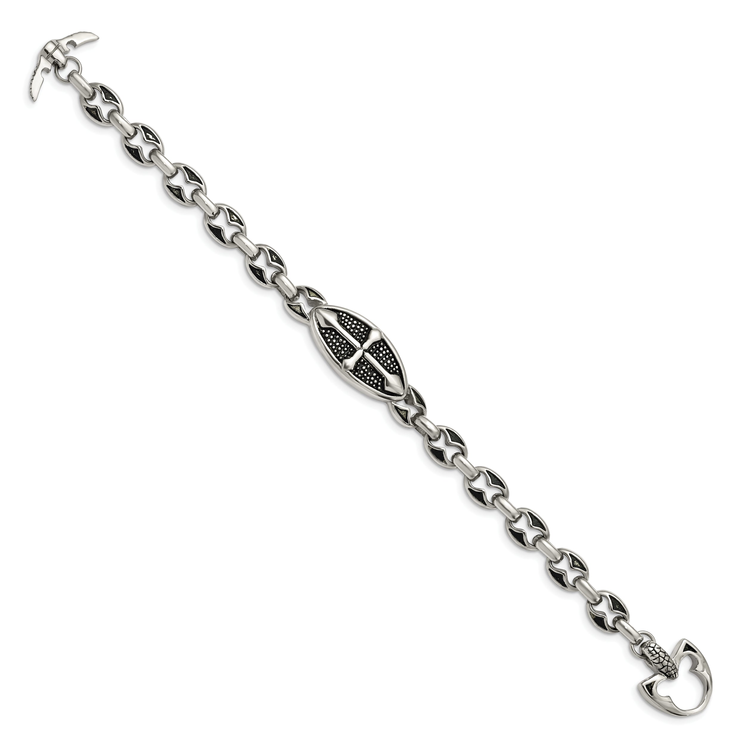 9 Inch Stainless Steel Antiqued Textured And Polished Cross 9In Toggle Bracelet