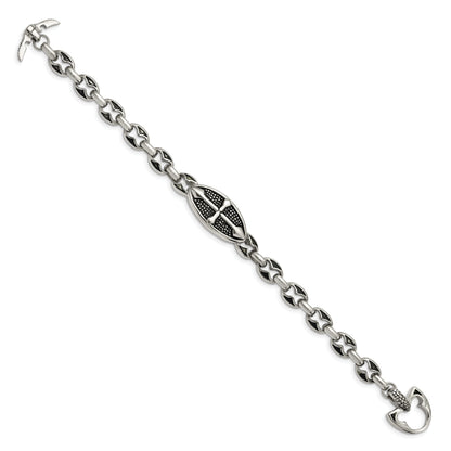 9 Inch Stainless Steel Antiqued Textured And Polished Cross 9In Toggle Bracelet