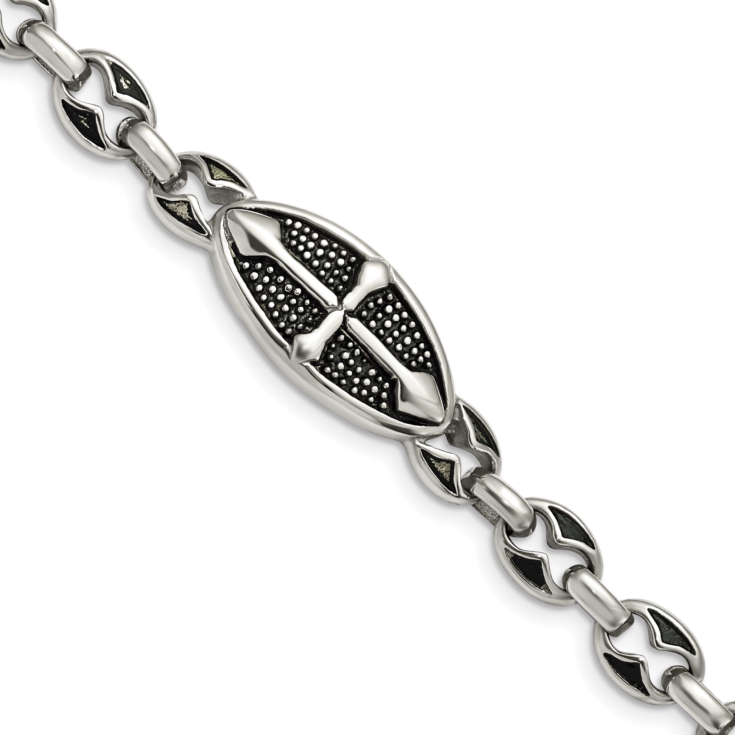 9 Inch Stainless Steel Antiqued Textured And Polished Cross 9In Toggle Bracelet