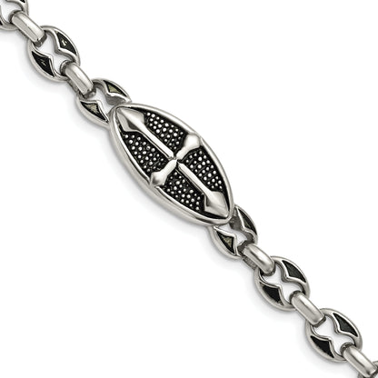 9 Inch Stainless Steel Antiqued Textured And Polished Cross 9In Toggle Bracelet