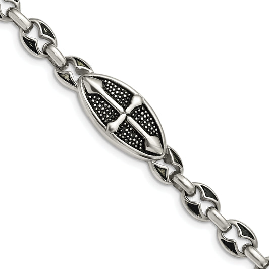 9 Inch Stainless Steel Antiqued Textured And Polished Cross 9In Toggle Bracelet
