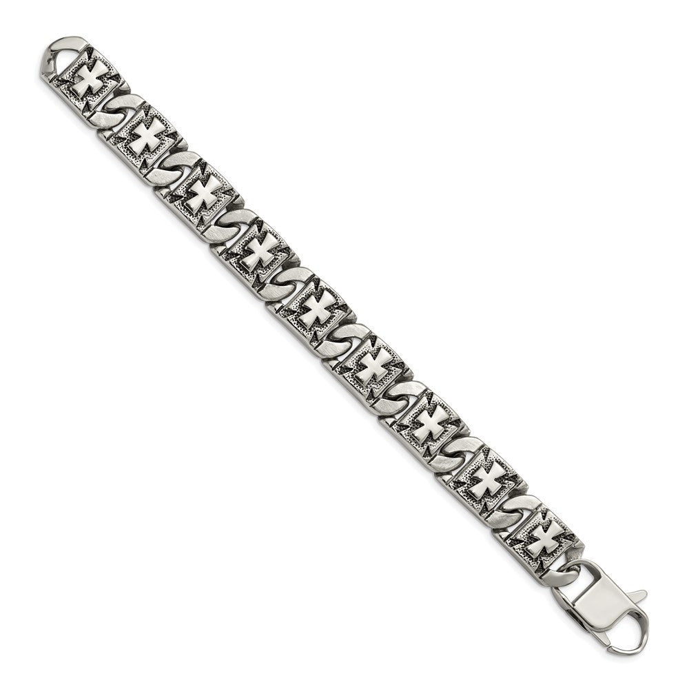 Stainless Steel Chisel Antiqued Polished And Textured 8.75 Inch Cross Link Bracelet