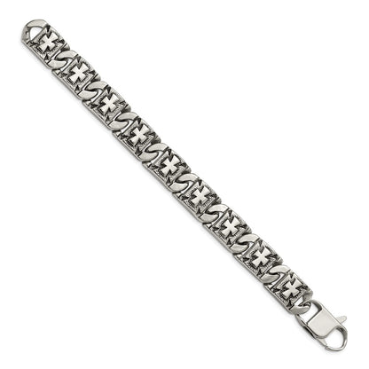 Stainless Steel Chisel Antiqued Polished And Textured 8.75 Inch Cross Link Bracelet