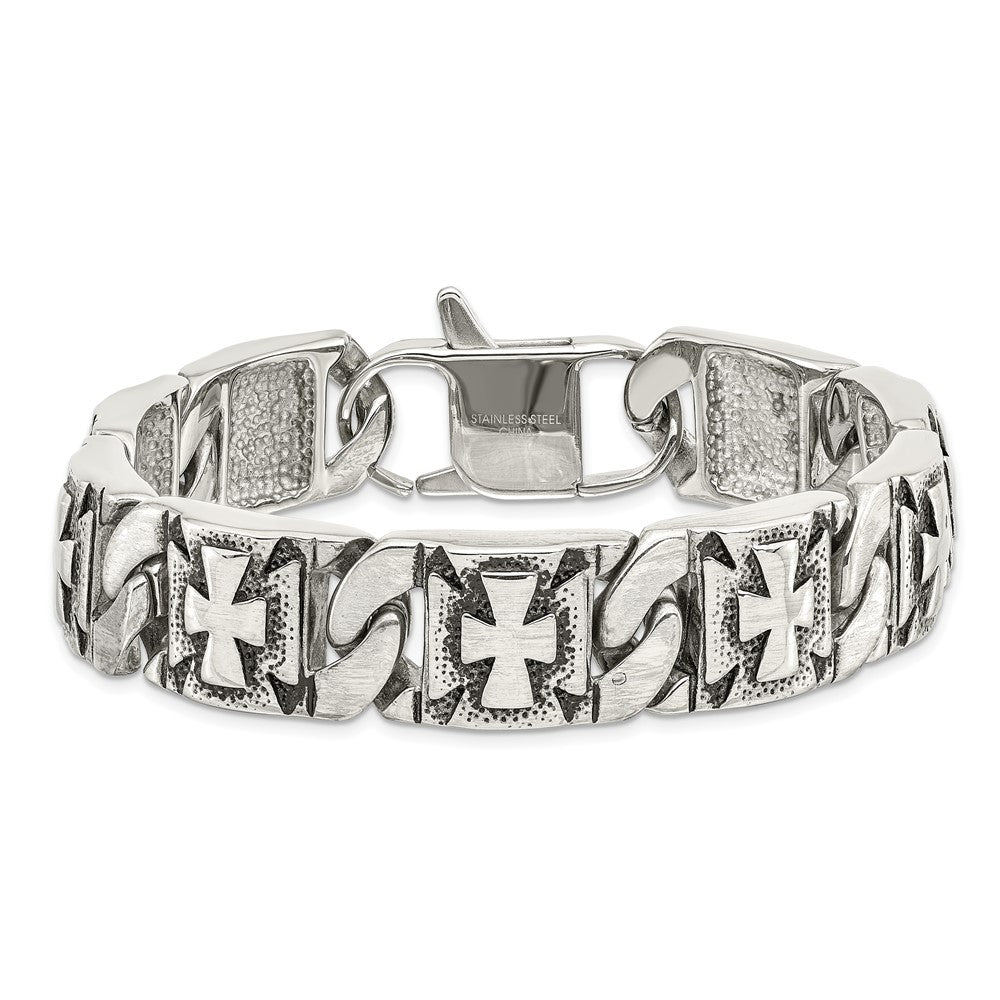Stainless Steel Chisel Antiqued Polished And Textured 8.75 Inch Cross Link Bracelet