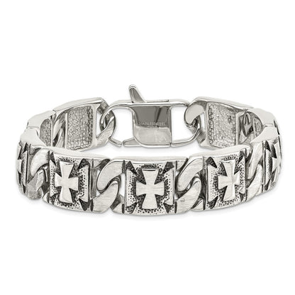 Stainless Steel Chisel Antiqued Polished And Textured 8.75 Inch Cross Link Bracelet