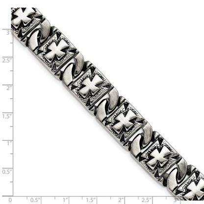 Stainless Steel Chisel Antiqued Polished And Textured 8.75 Inch Cross Link Bracelet