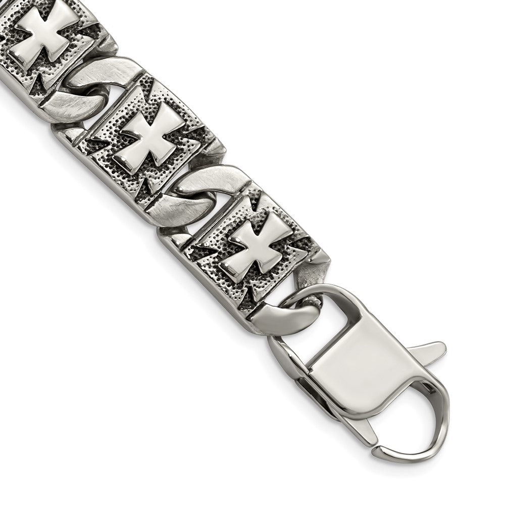 Stainless Steel Chisel Antiqued Polished And Textured 8.75 Inch Cross Link Bracelet