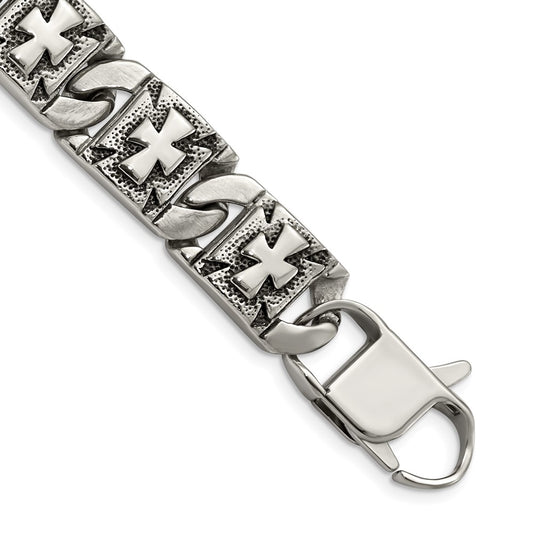 Stainless Steel Chisel Antiqued Polished And Textured 8.75 Inch Cross Link Bracelet