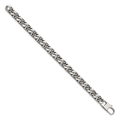 Stainless Steel Chisel Antiqued Polished And Textured 8.75 Inch Fancy Link Bracelet