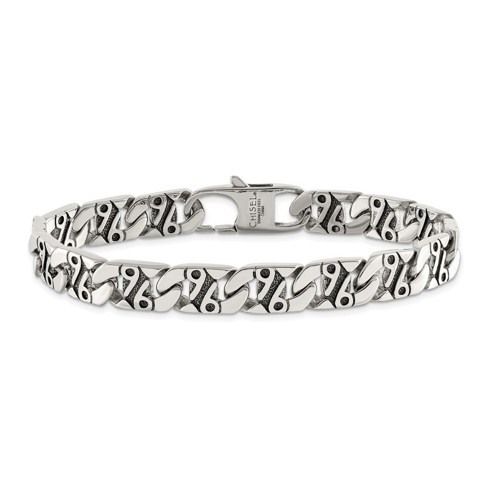 Stainless Steel Chisel Antiqued Polished And Textured 8.75 Inch Fancy Link Bracelet