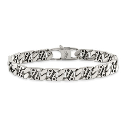 Stainless Steel Chisel Antiqued Polished And Textured 8.75 Inch Fancy Link Bracelet