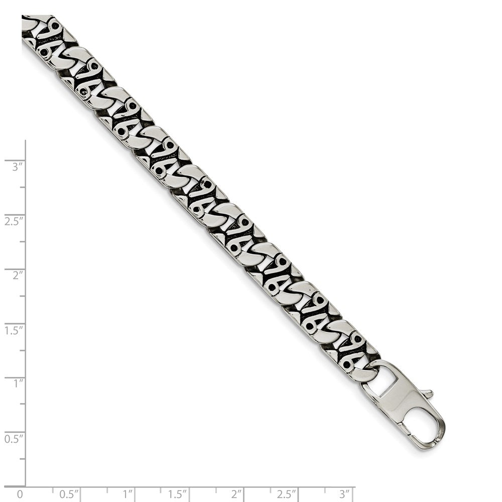Stainless Steel Chisel Antiqued Polished And Textured 8.75 Inch Fancy Link Bracelet