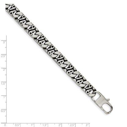 Stainless Steel Chisel Antiqued Polished And Textured 8.75 Inch Fancy Link Bracelet