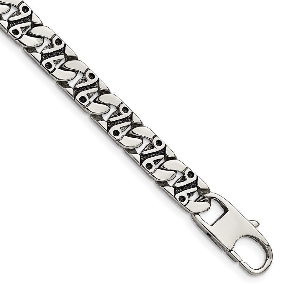Stainless Steel Chisel Antiqued Polished And Textured 8.75 Inch Fancy Link Bracelet