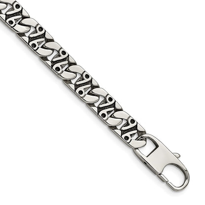 Stainless Steel Chisel Antiqued Polished And Textured 8.75 Inch Fancy Link Bracelet