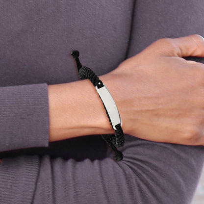 Stainless Steel Chisel Polished Black Fabric Adjustable Id Bracelet