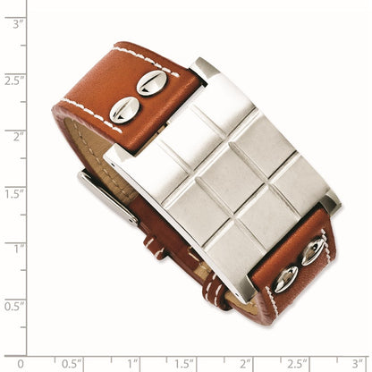 8.75 Inch Stainless Steel Brown Leather Adjustable Buckle Bracelet