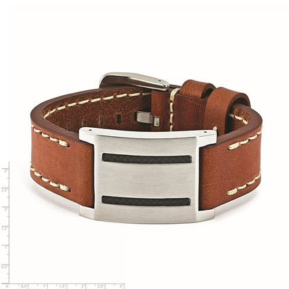 8.75 Inch Stainless Steel Brown Leather W/Carbon Fiber Inlay Buckle Bracelet