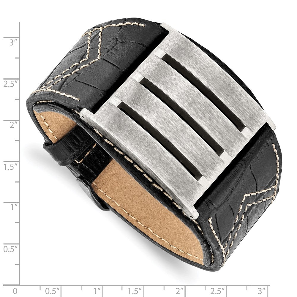 9 Inch Stainless Steel Brushed Black Leather Adjustable Buckle 9In Bracelet