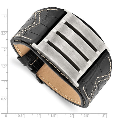 9 Inch Stainless Steel Brushed Black Leather Adjustable Buckle 9In Bracelet