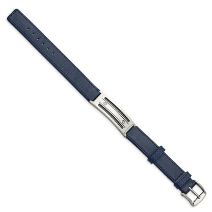 8.25 Inch Stainless Steel Polished Blue Leather W/Wire Adjustable Buckle Bracelet