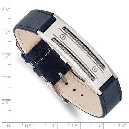 8.25 Inch Stainless Steel Polished Blue Leather W/Wire Adjustable Buckle Bracelet