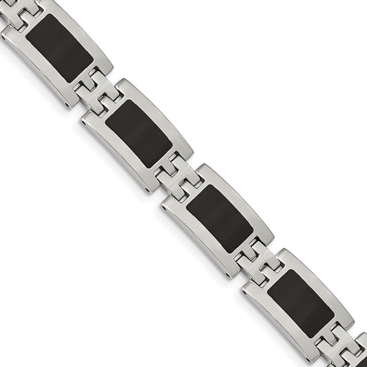 Stainless Steel Chisel Polished With Black Enamel 9 Inch Link Bracelet