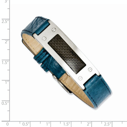 8 Inch Stainless Steel Textured Blue Leather W/Carbon Fiber Inlay Buckle Bracelet