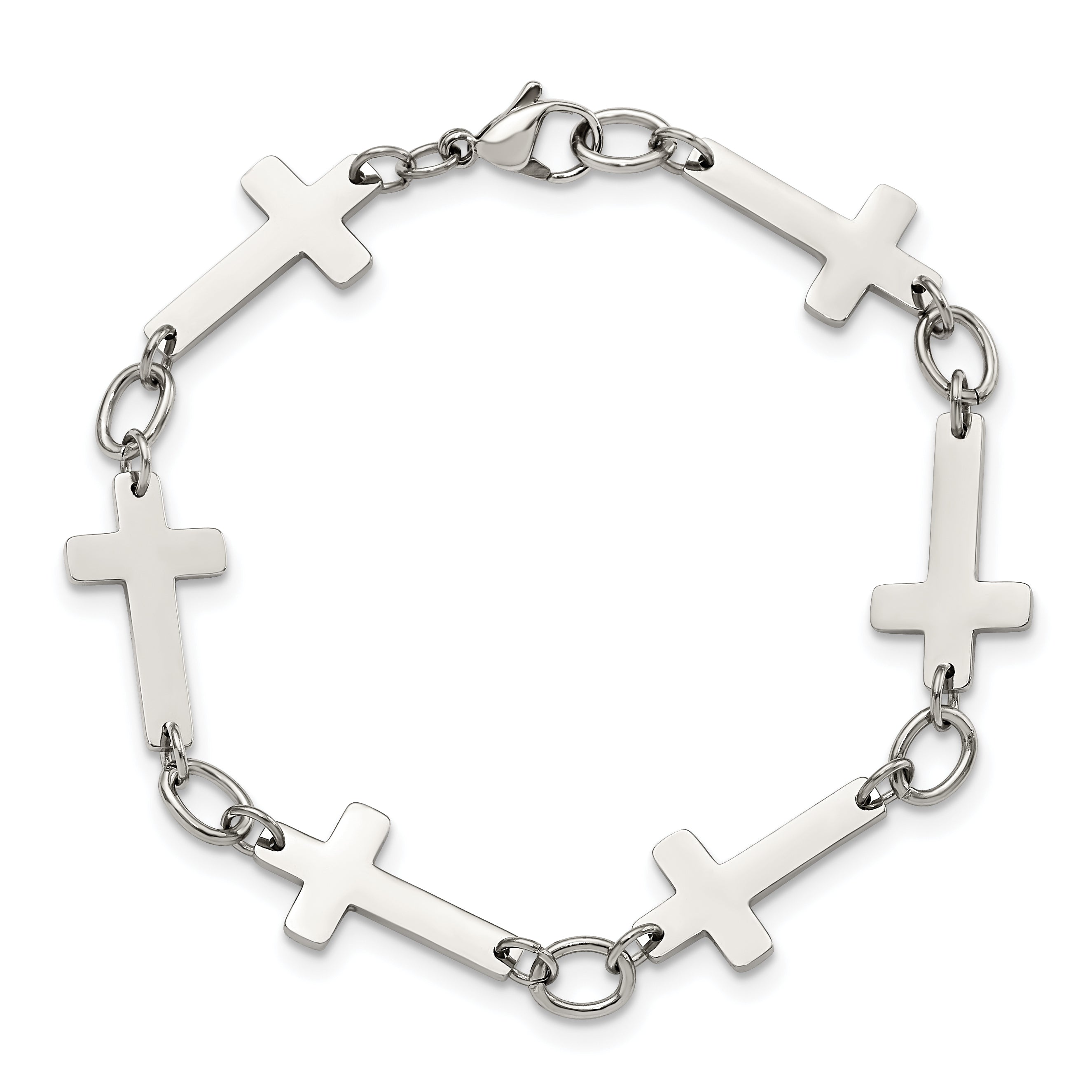 Stainless Steel Chisel Polished 8 Inch Sideways Cross Link Bracelet