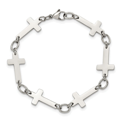 Stainless Steel Chisel Polished 8 Inch Sideways Cross Link Bracelet
