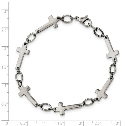 Stainless Steel Chisel Polished 8 Inch Sideways Cross Link Bracelet