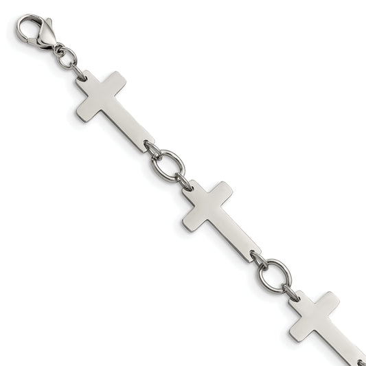 Stainless Steel Chisel Polished 8 Inch Sideways Cross Link Bracelet
