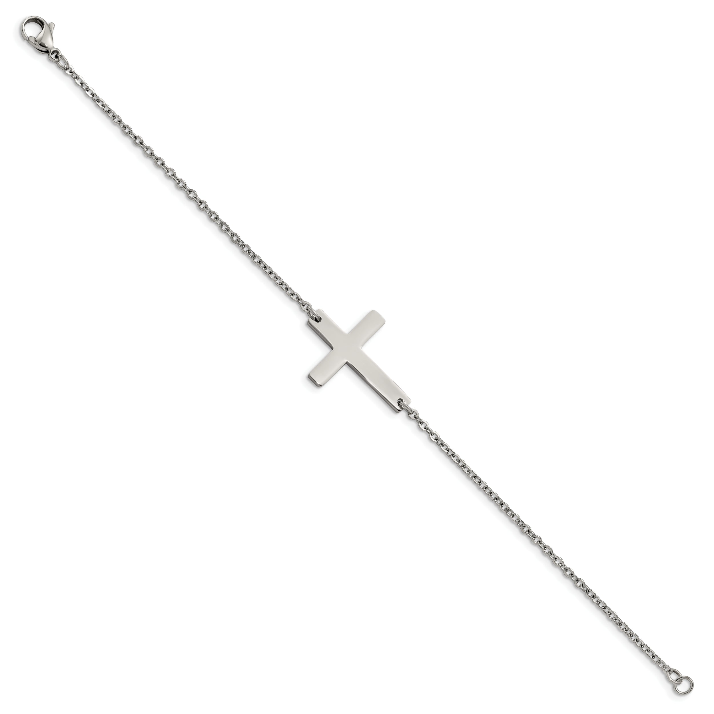 Stainless Steel Chisel Polished Sideways Cross 7.25 Inch Bracelet
