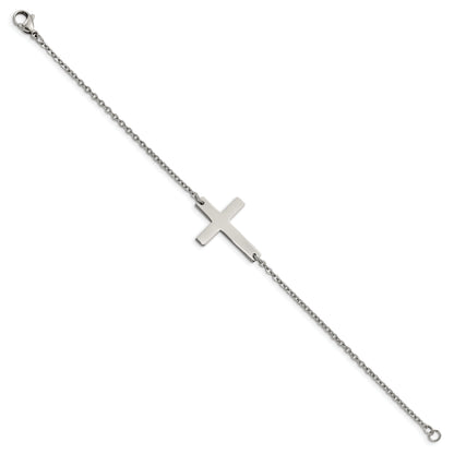 Stainless Steel Chisel Polished Sideways Cross 7.25 Inch Bracelet