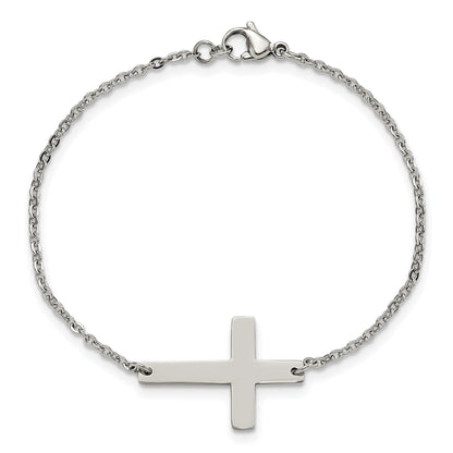 Stainless Steel Chisel Polished Sideways Cross 7.25 Inch Bracelet