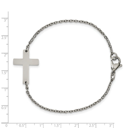 Stainless Steel Chisel Polished Sideways Cross 7.25 Inch Bracelet