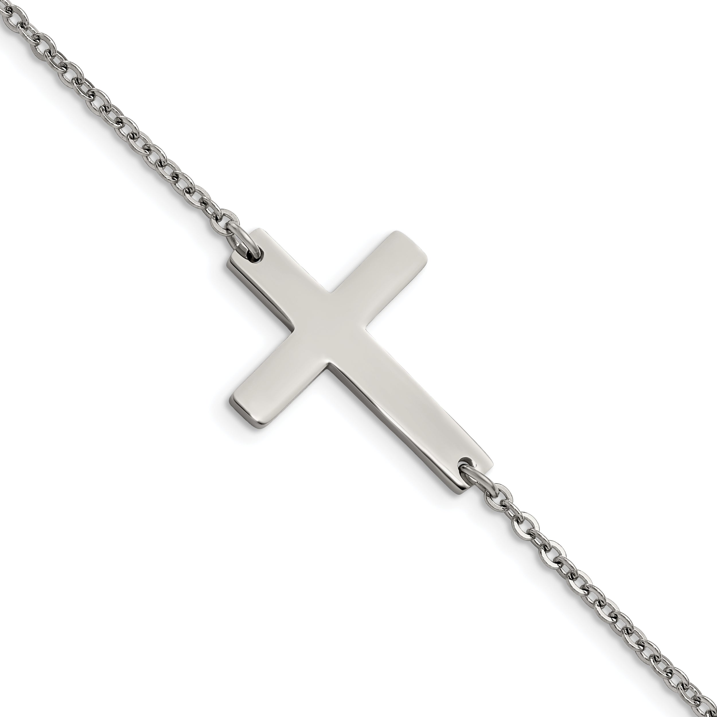 Stainless Steel Chisel Polished Sideways Cross 7.25 Inch Bracelet